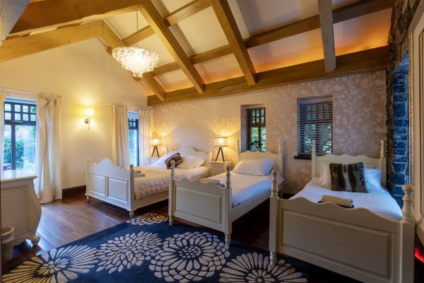 Twin bedroom with two single beds and a chandelier