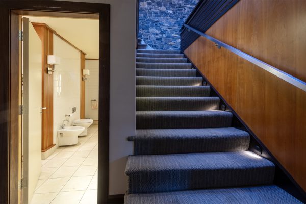 Staircase and hallway with an exposed stone wall